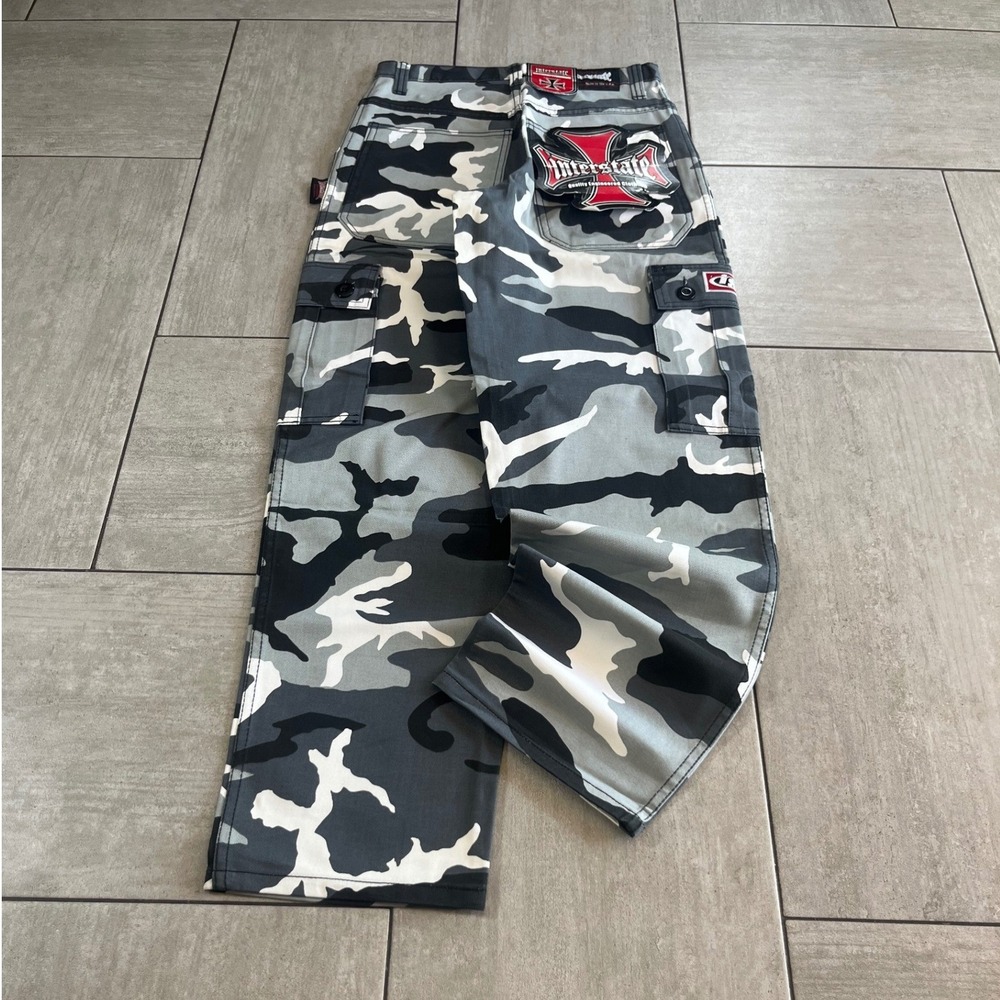Interstate Grey Camo Baggy Cargo Pants Mens 30 Y2K Skater Iron Cross Patch 1038